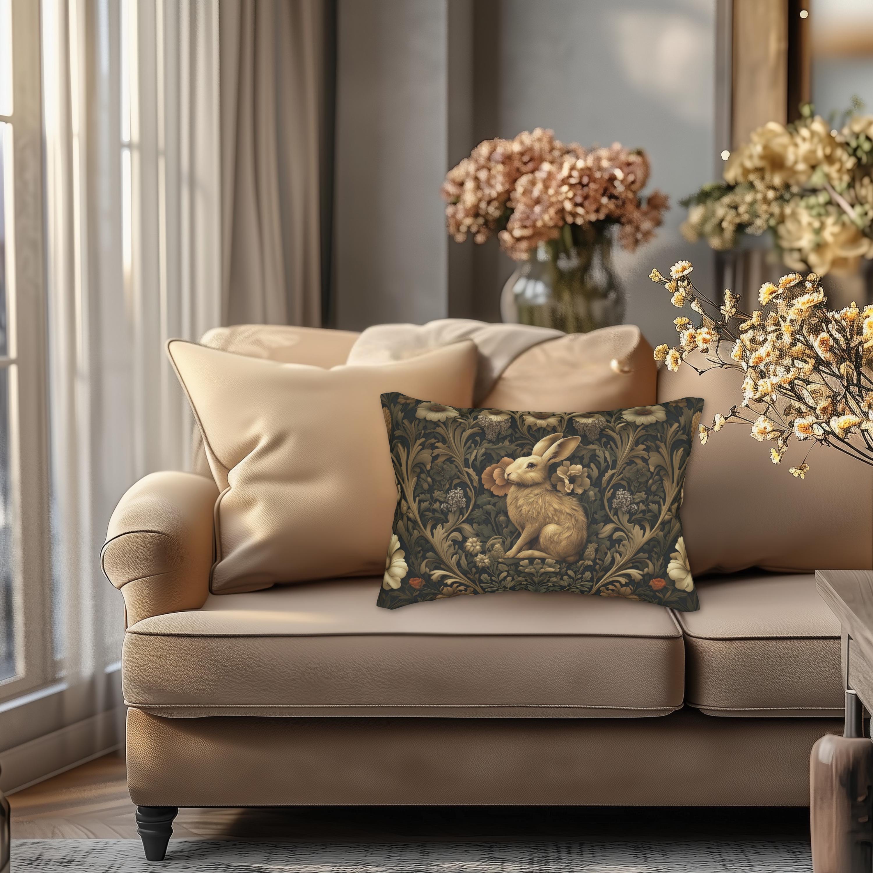 William Morris Inspired Wild Hare Lumbar Pillow: Garden Botanical Woodland Design