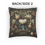 A decorative pillow with a detailed tapestry-like pattern of various fruits and vegetables, including pears, pumpkins, and leaves, against a dark background.