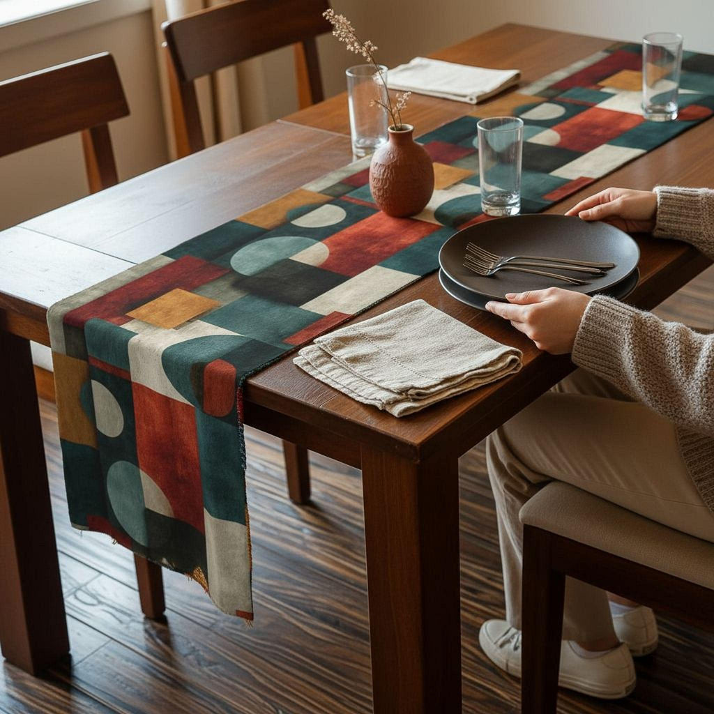 Bauhaus Table Runner: Geometric Mid Century Modern Decor in Teal-Gray, Rust and Cream