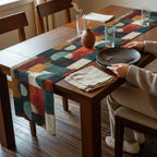 Bauhaus Table Runner: Geometric Mid Century Modern Decor in Teal-Gray, Rust and Cream