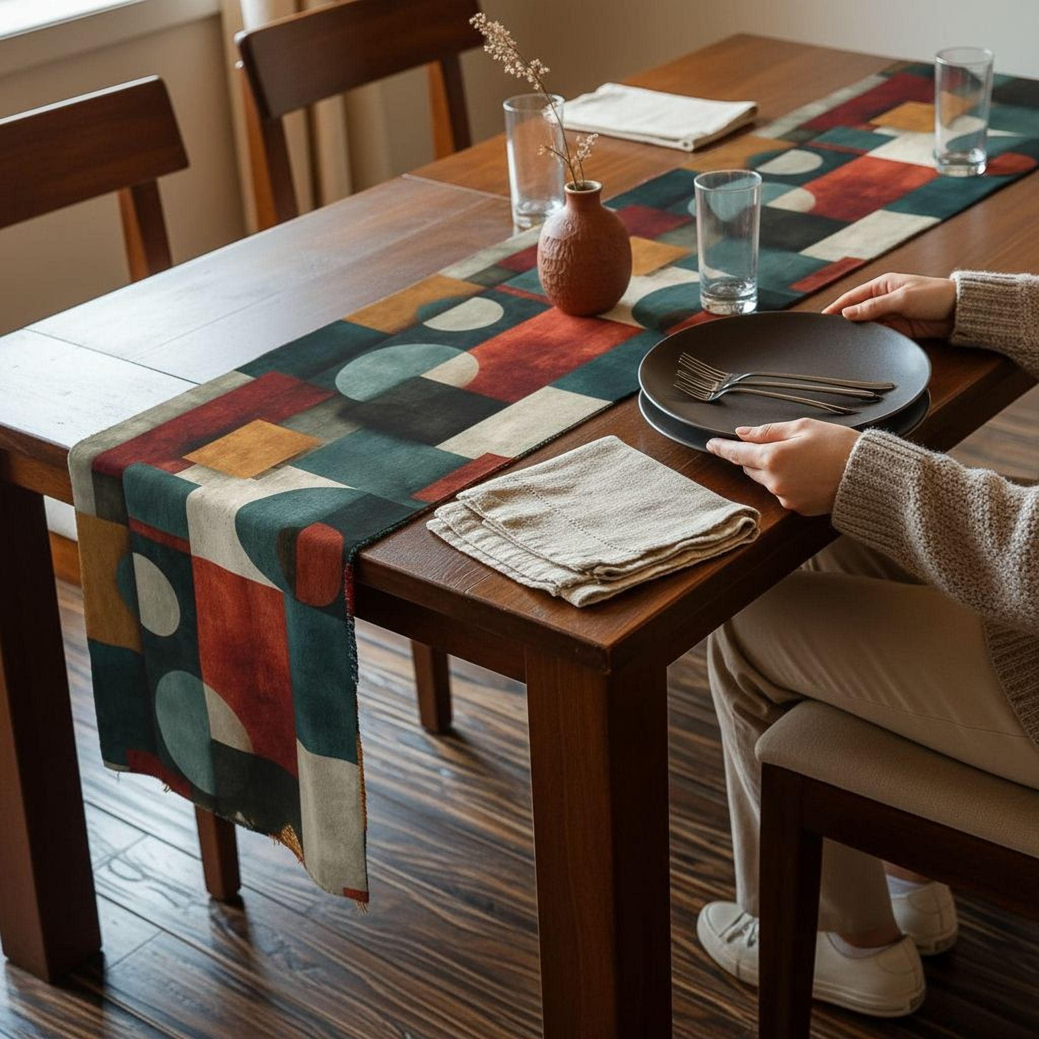 Bauhaus Table Runner: Geometric Mid Century Modern Decor in Teal-Gray, Rust and Cream