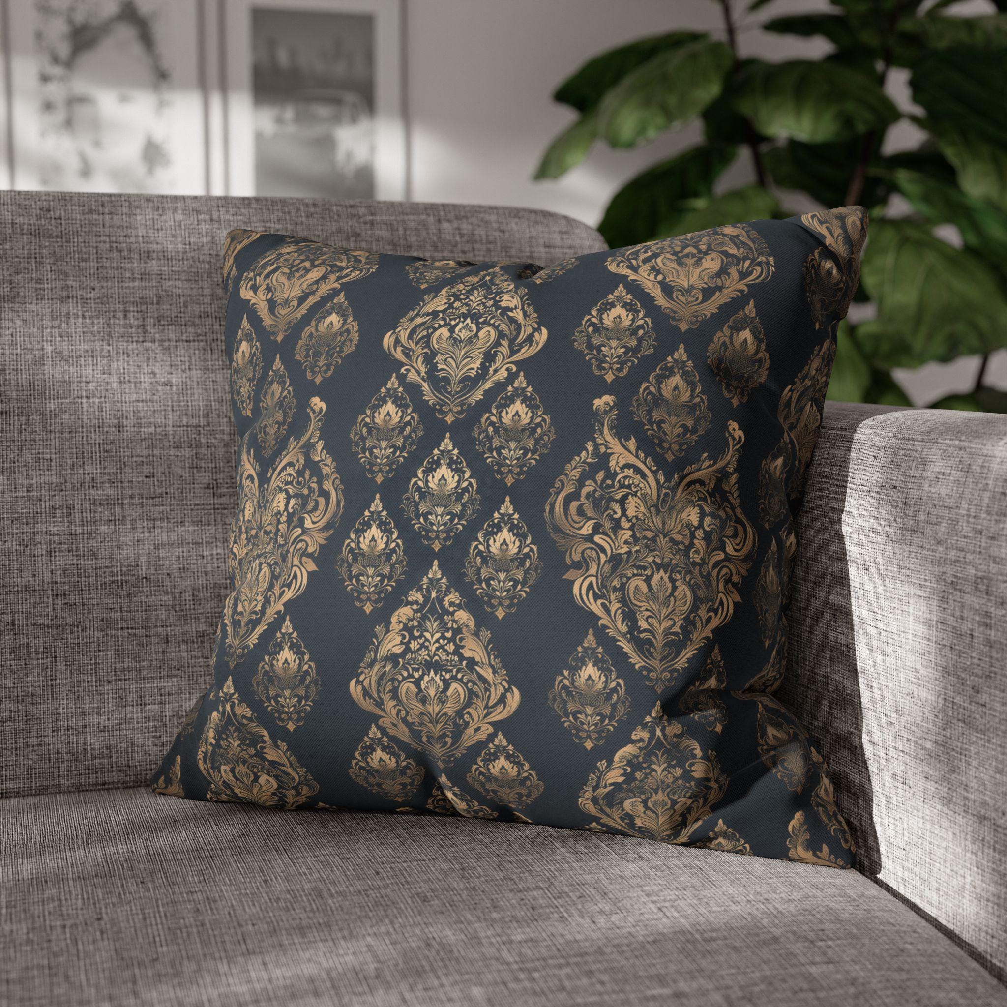 Elegant Baroque Damask Pillow Cover: Charcoal Gray & Gold Vintage Accent for Luxurious Home Decor