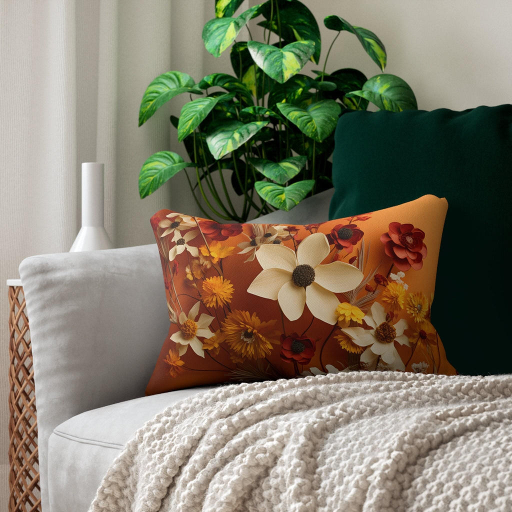 Autumn Wildflower Lumbar Throw Pillow - Rusty Orange Floral Decorative Cushion for Fall Home Decor