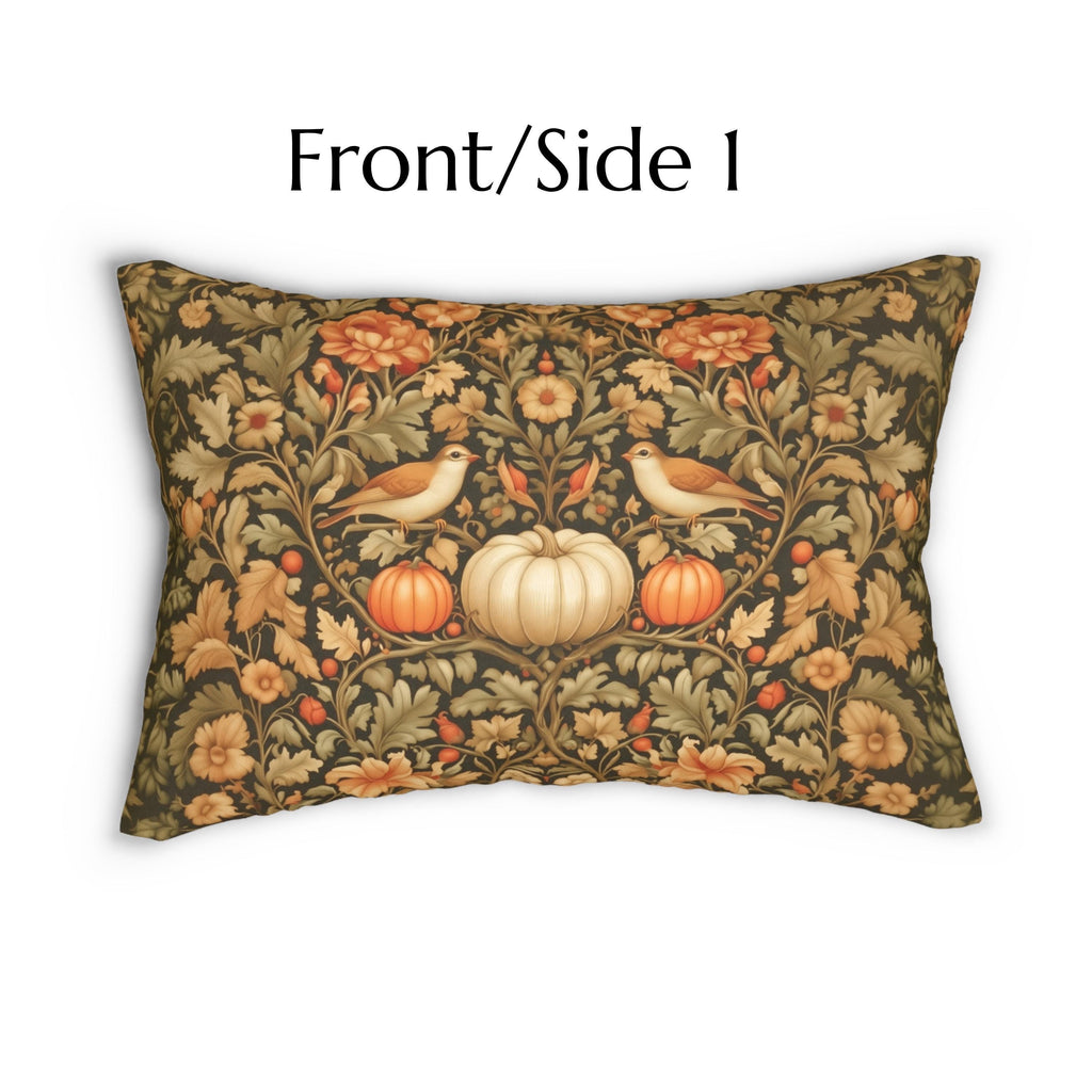 Pumpkin Thief Fall Lumbar Pillow: William Morris Inspired Songbirds, Pumpkins, Autumn Flowers (20"x14")