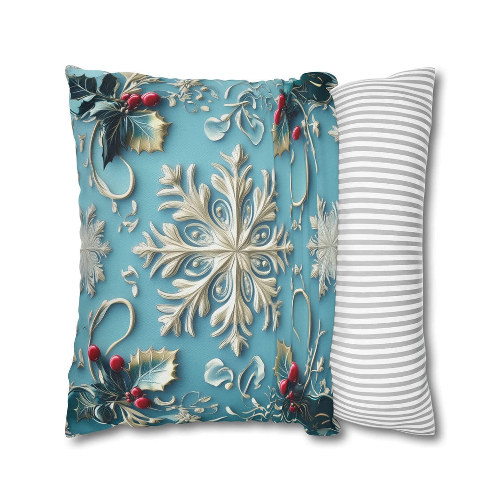 Snowflakes & Blue Christmas Pillow Cover Holly Leaves and Berries Design Gradient Blue Background