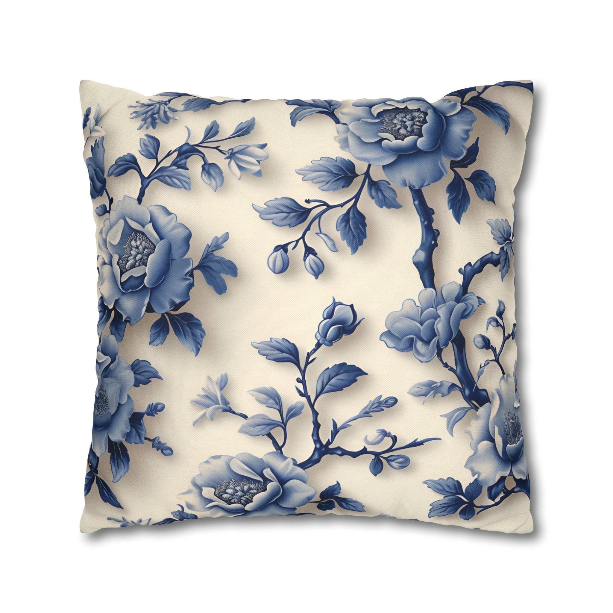 Elegant Chinoiserie Blue Floral Pillow Cover: Porcelain-Inspired Off-White
