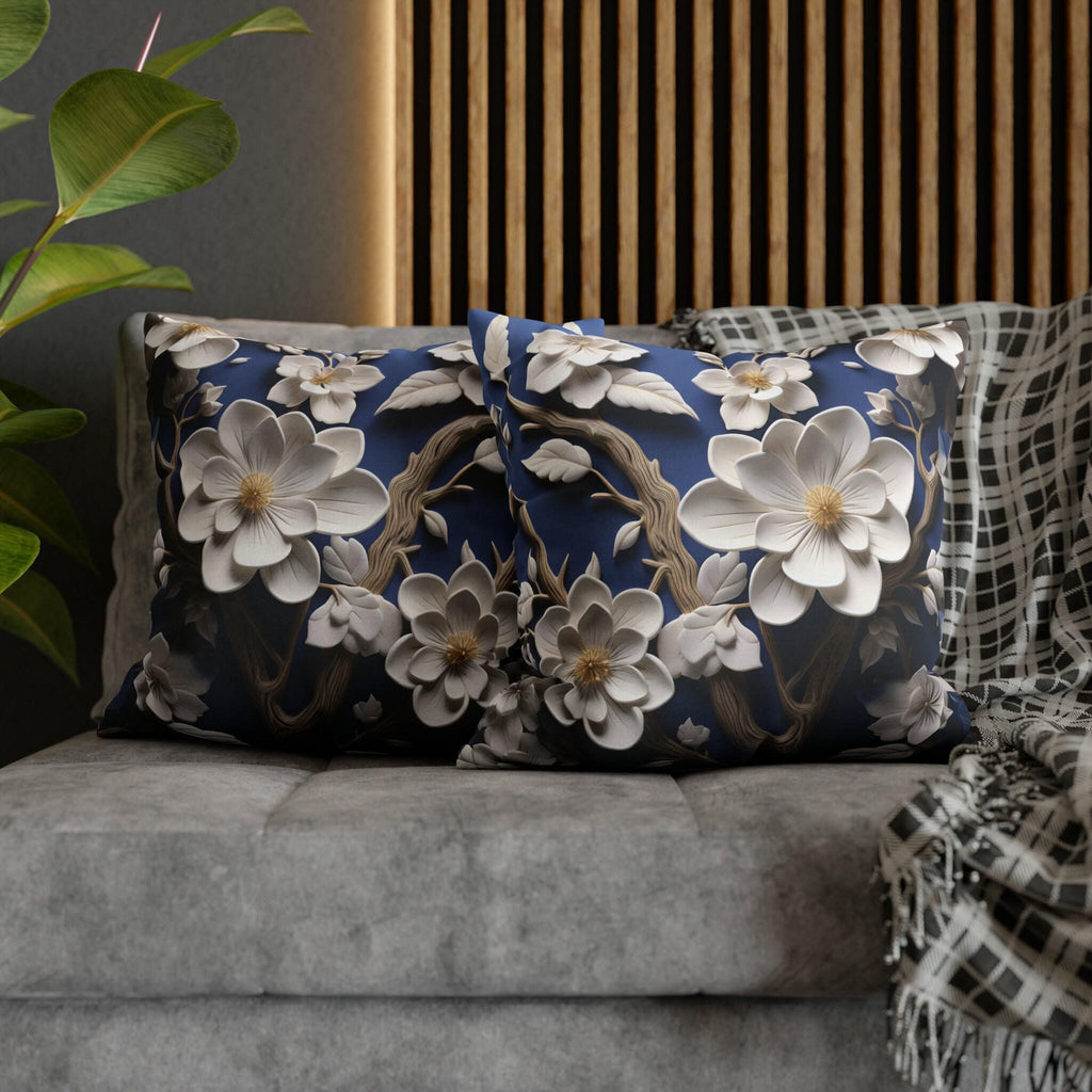 Elegant Chinoiserie White Blossom Pillow Cover | Blue Floral Art | Serene Asian-Inspired Decor