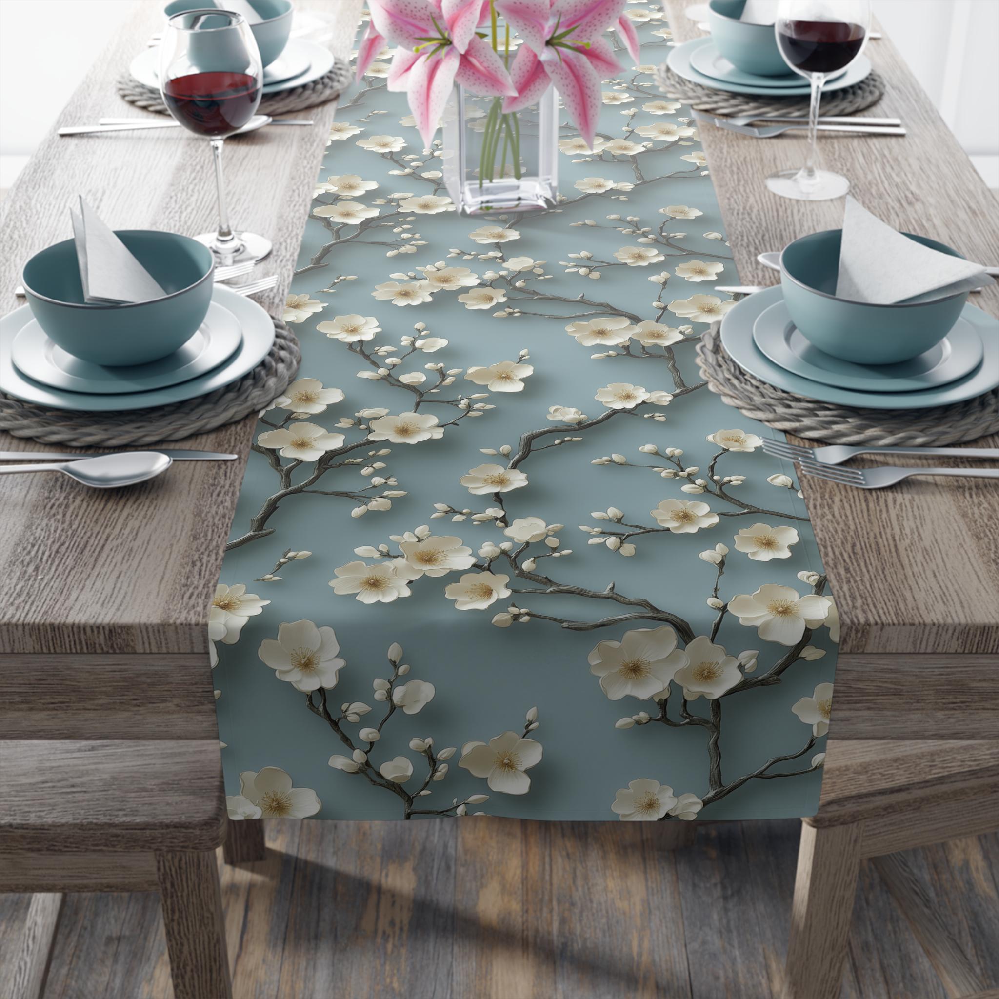 Elegant Chinoiserie Table Runner: Blue-Teal Gradient Cherry Blossom Design for Modern Dining Decor