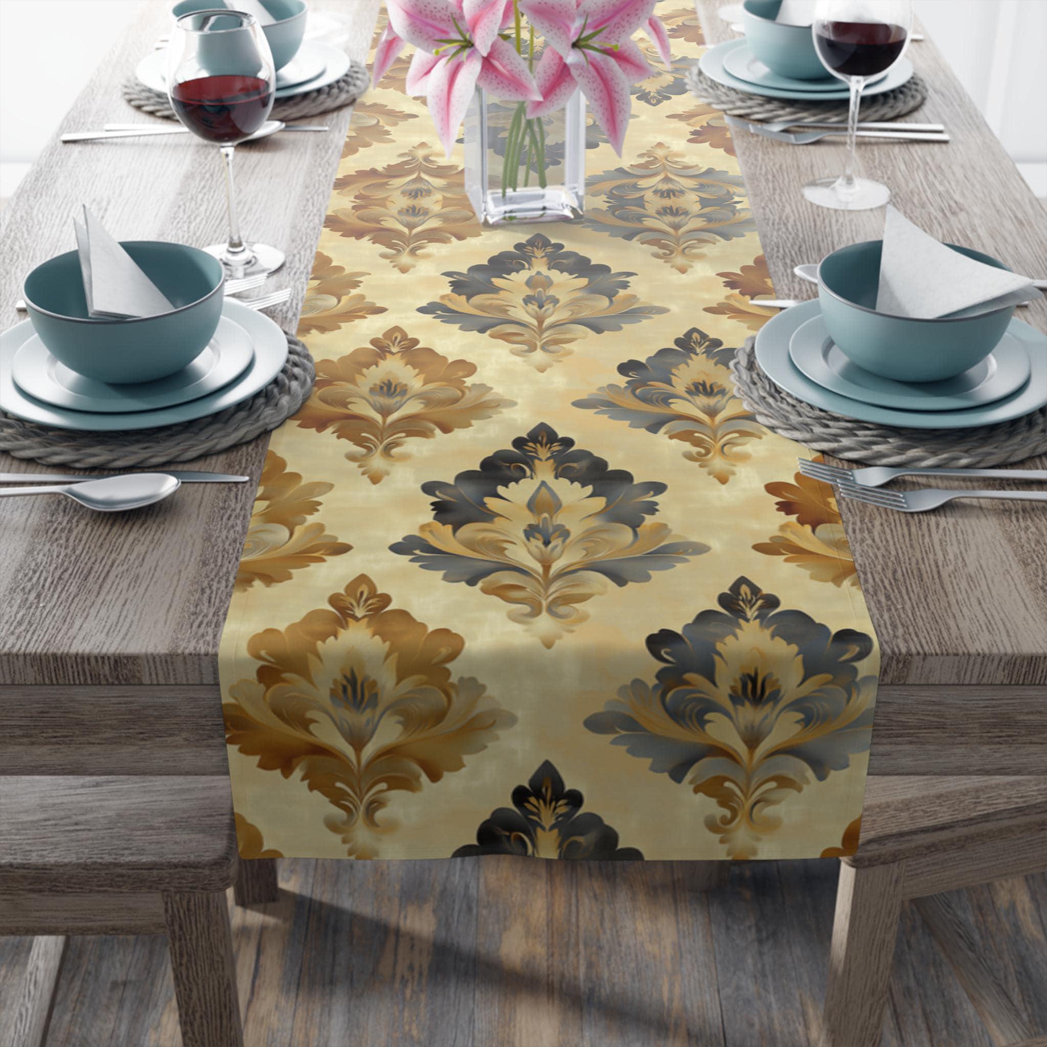French Farmhouse Damask Table Runner: Elegant Dining Decor