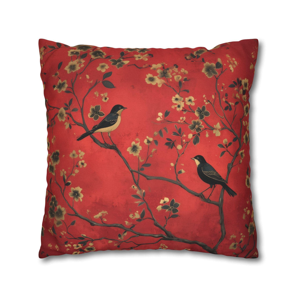 Chinoiserie Bird Pillow Cover: Crimson Floral Accent Cushion