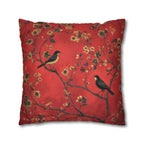 Chinoiserie Bird Pillow Cover: Crimson Floral Accent Cushion