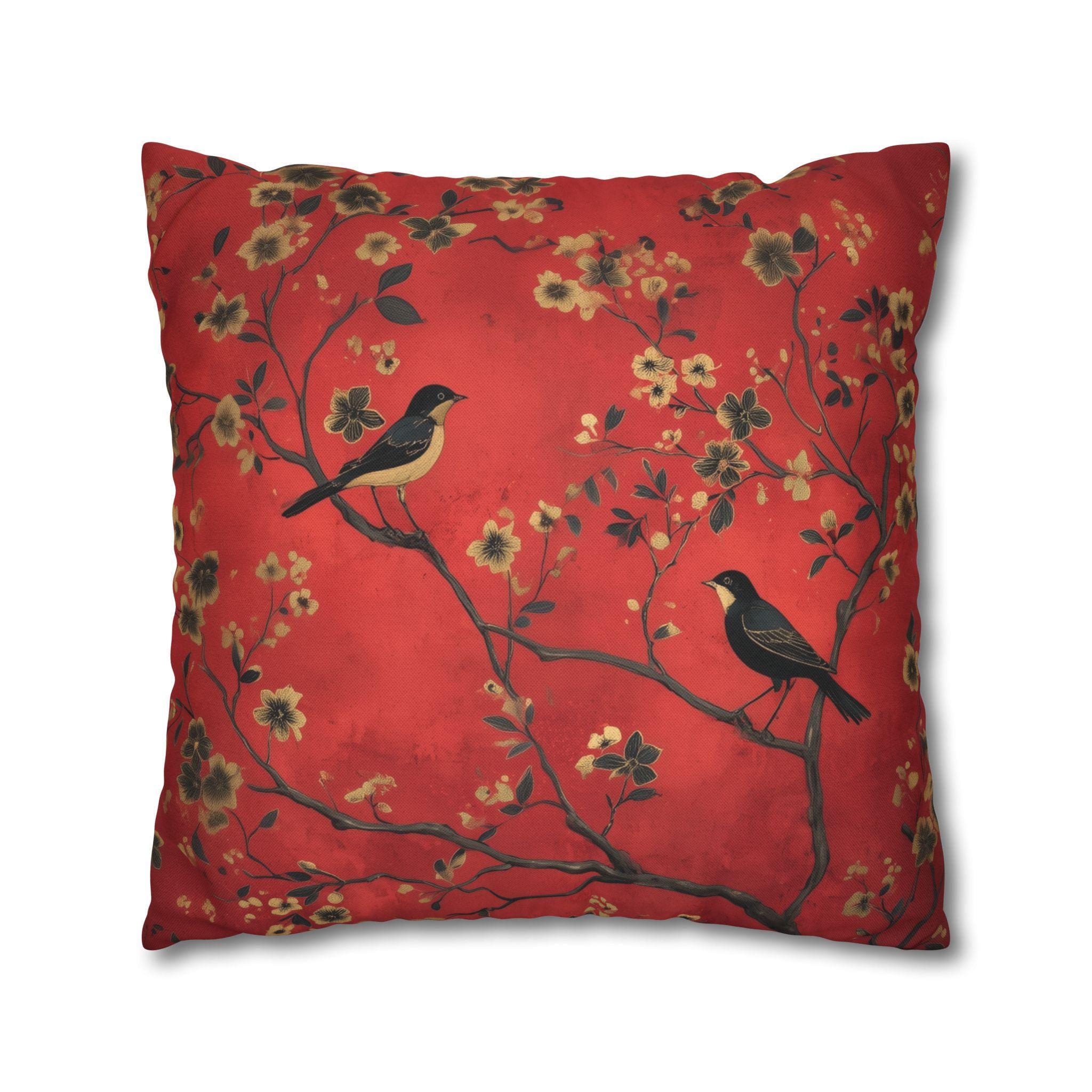 Chinoiserie Bird Pillow Cover: Crimson Floral Accent Cushion