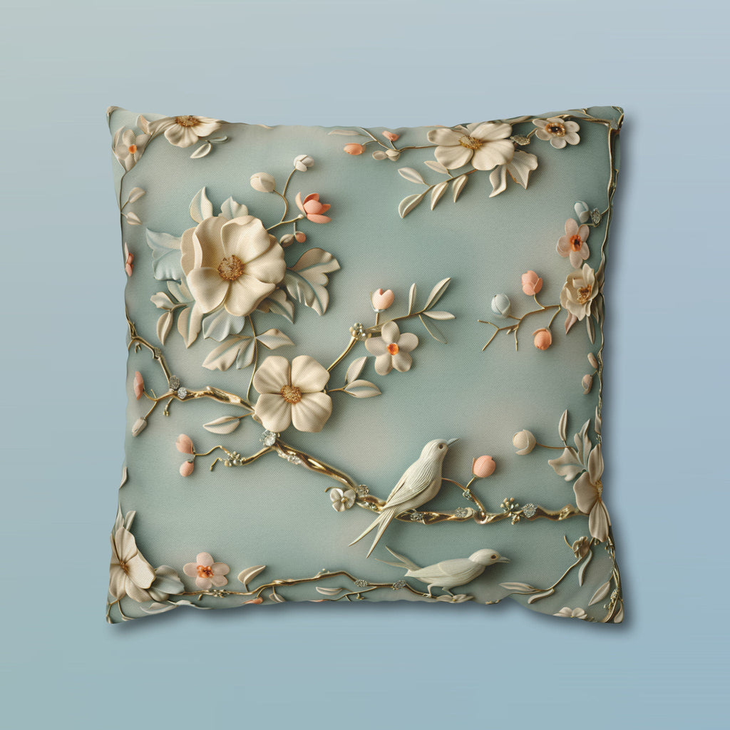 Chinoiserie Pillow Cover: 3D Birds & Blooms, Pastel Blue Accent