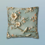 Chinoiserie Pillow Cover: 3D Birds & Blooms, Pastel Blue Accent