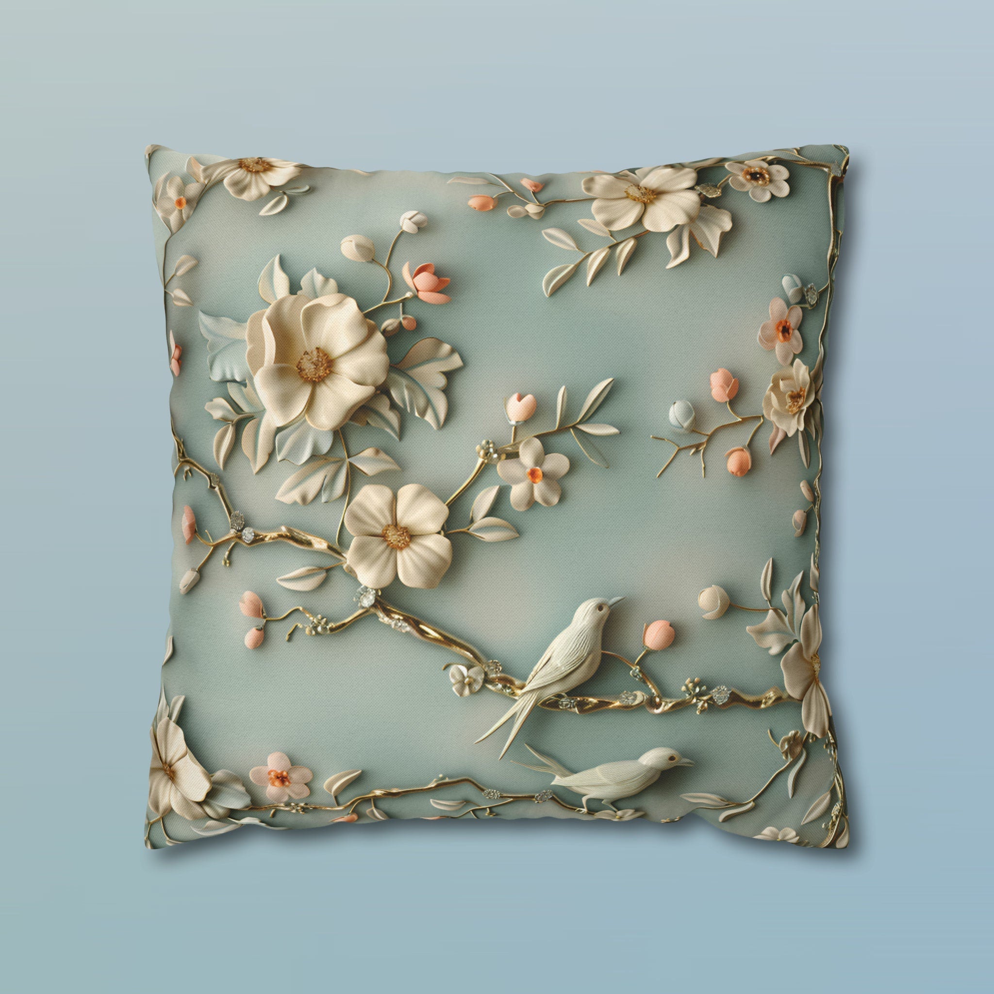 Chinoiserie Pillow Cover: 3D Birds & Blooms, Pastel Blue Accent