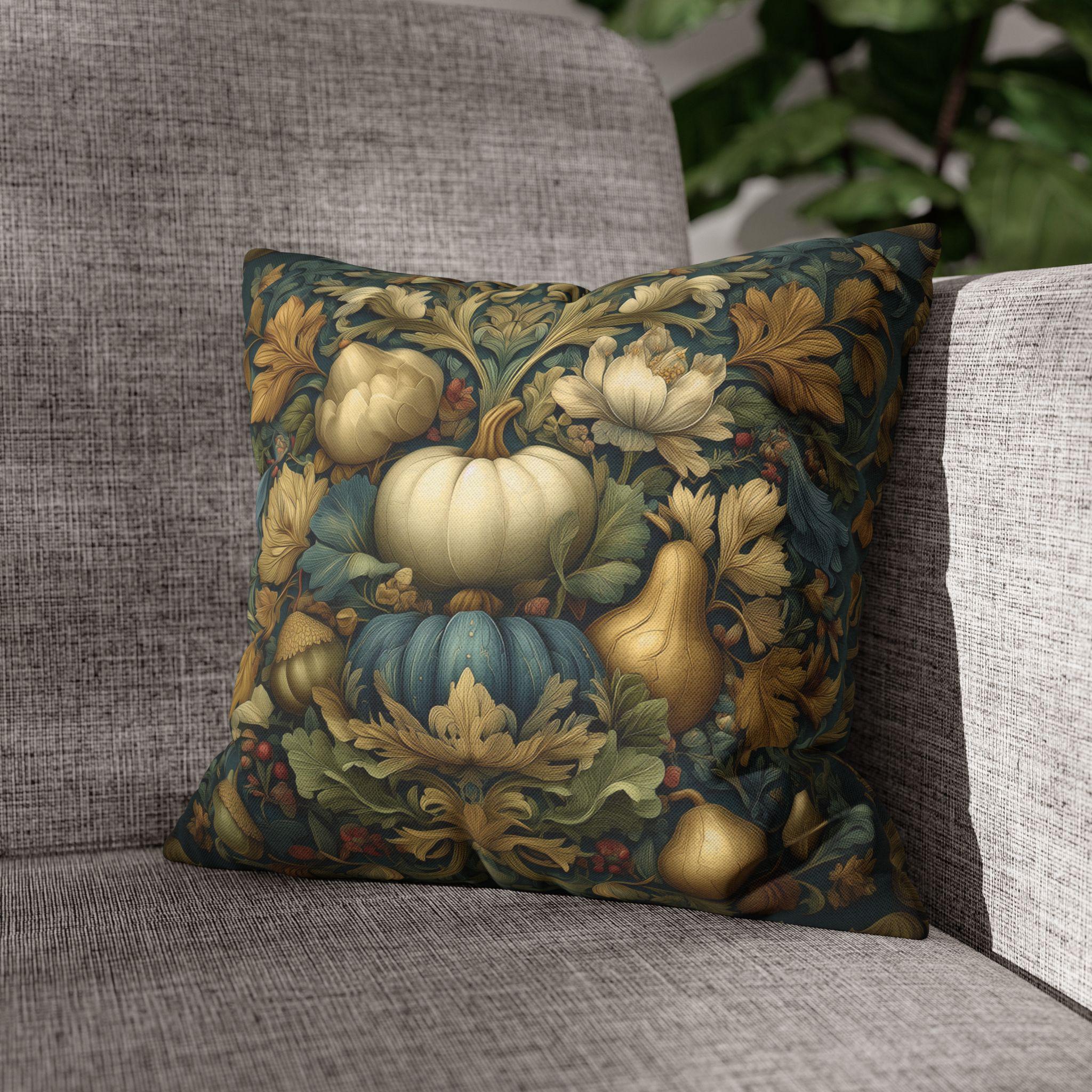 William Morris Inspired Autumn Pillow Cover: Teal, Gold, and Ivory Harvest Design