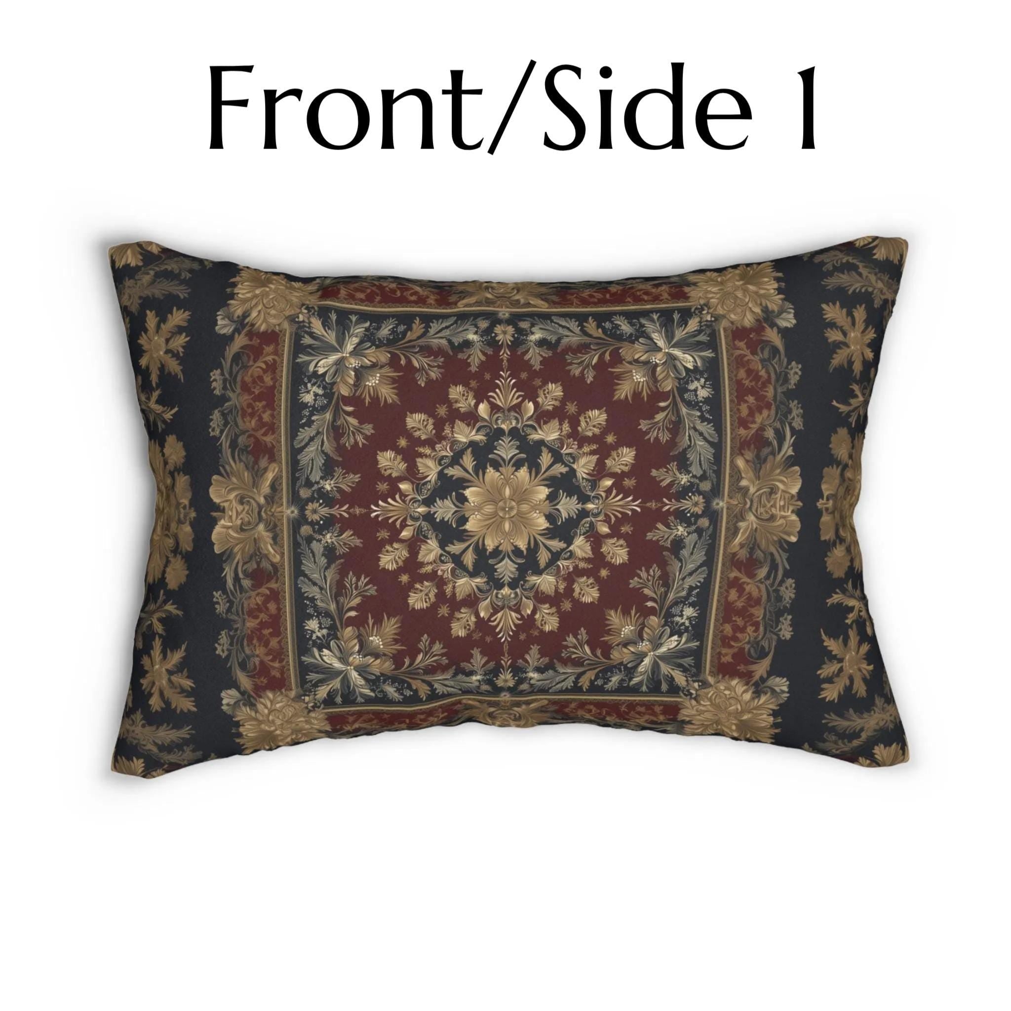 Elegant Vintage-Inspired Lumbar Pillow: Gold, Burgundy & Navy Luxury Cushion for Antique-Style Home Decor