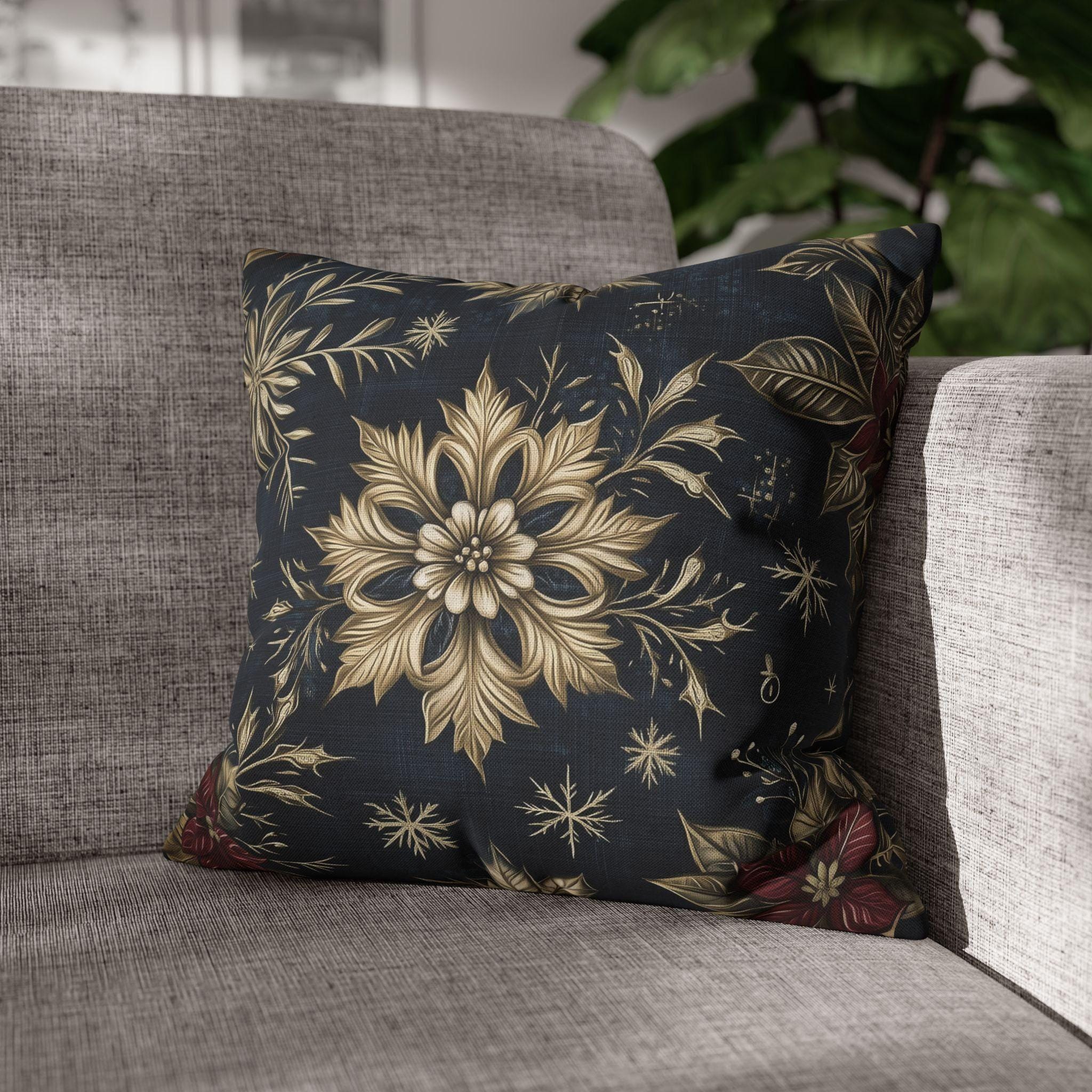 Sophisticated Holiday Pillow Cover | Golden Poinsettia and Snowflake Design | Denim Blue Background