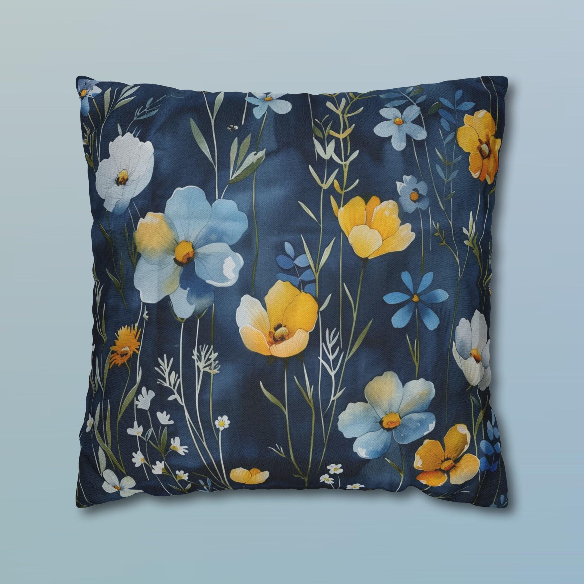 Floral Pillow Cover, Watercolor Style, Elegant Dark Blue, Accent Pillowcase