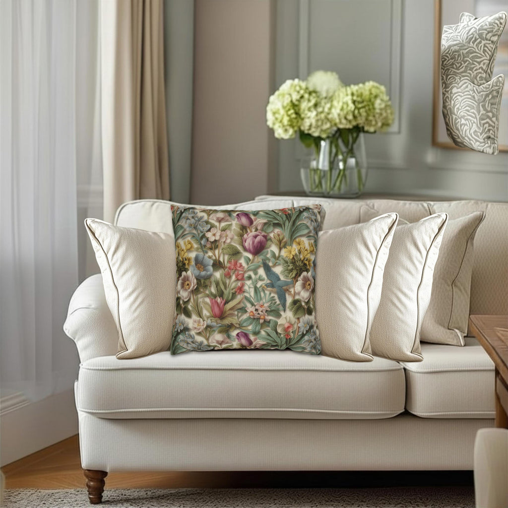 Stylized Botanical Pillow Cover: Floral & Songbird Garden in Soft Pastels