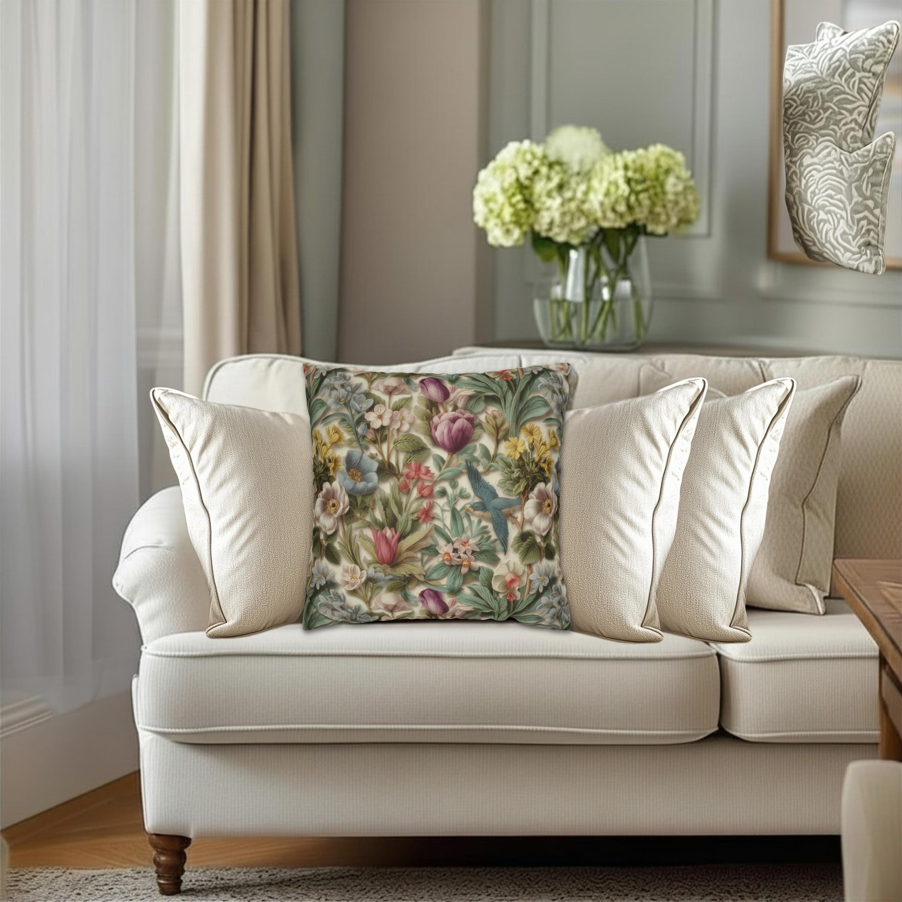 Stylized Botanical Pillow Cover: Floral & Songbird Garden in Soft Pastels