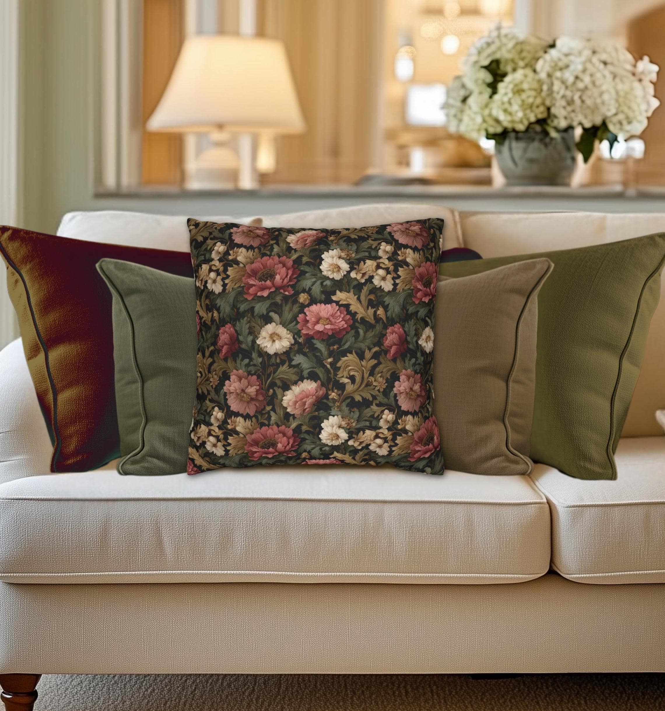 Dusty Rose & Ivory Victorian Pillow Cover:  William Morris Dark Cottagecore Moody Blooms