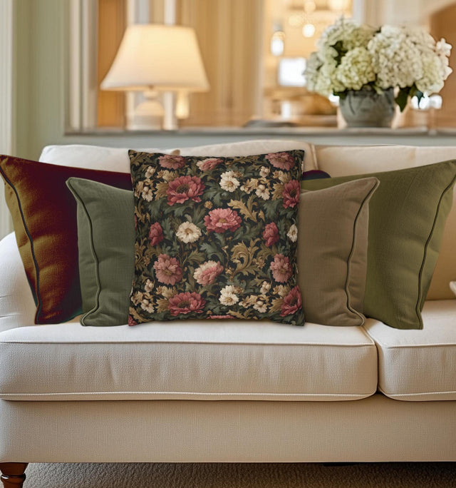 Dusty Rose & Ivory Victorian Pillow Cover:  William Morris Dark Cottagecore Moody Blooms