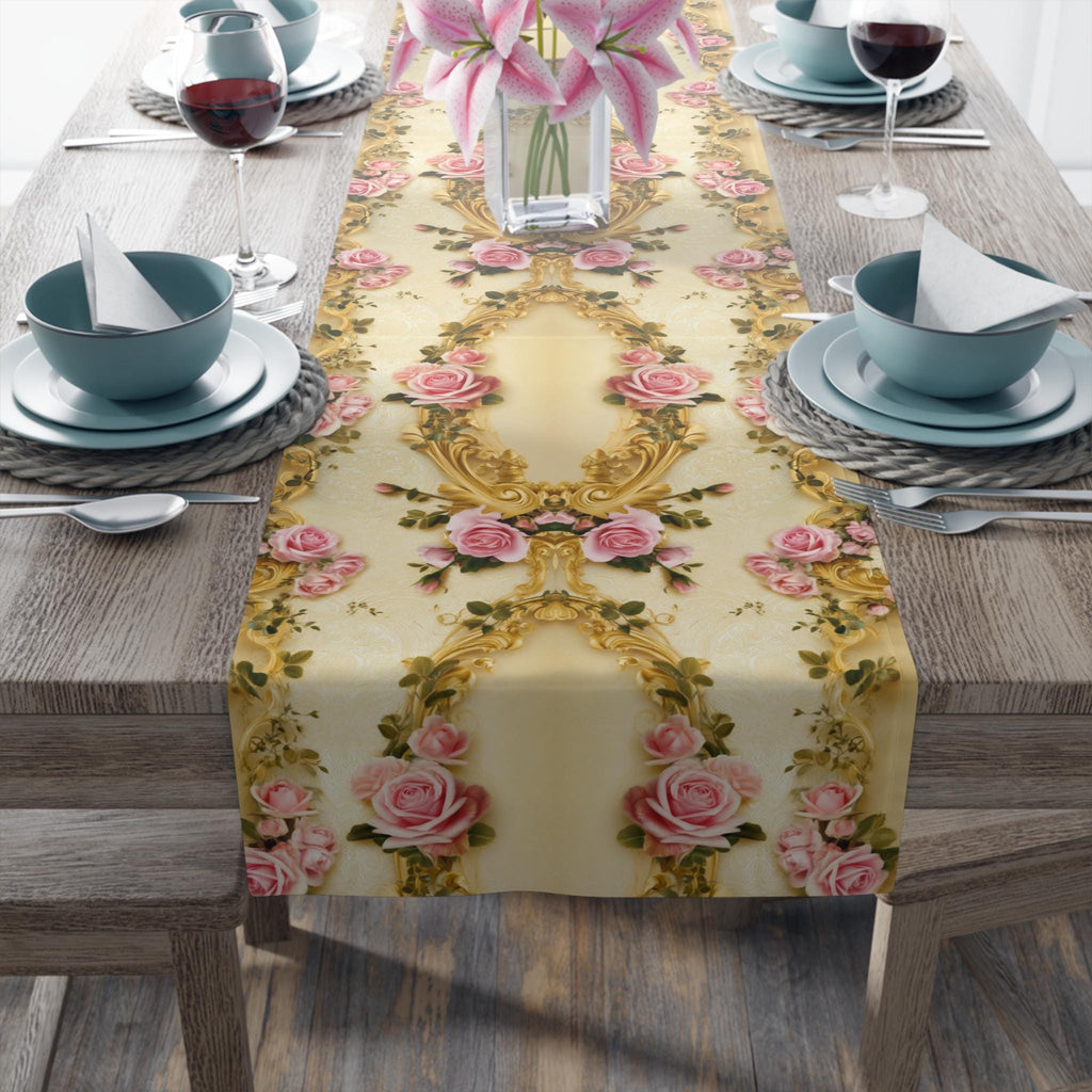 Wedding Table Runner with Pink Roses and Gold Scrollwork: Romantic Victorian Floral
