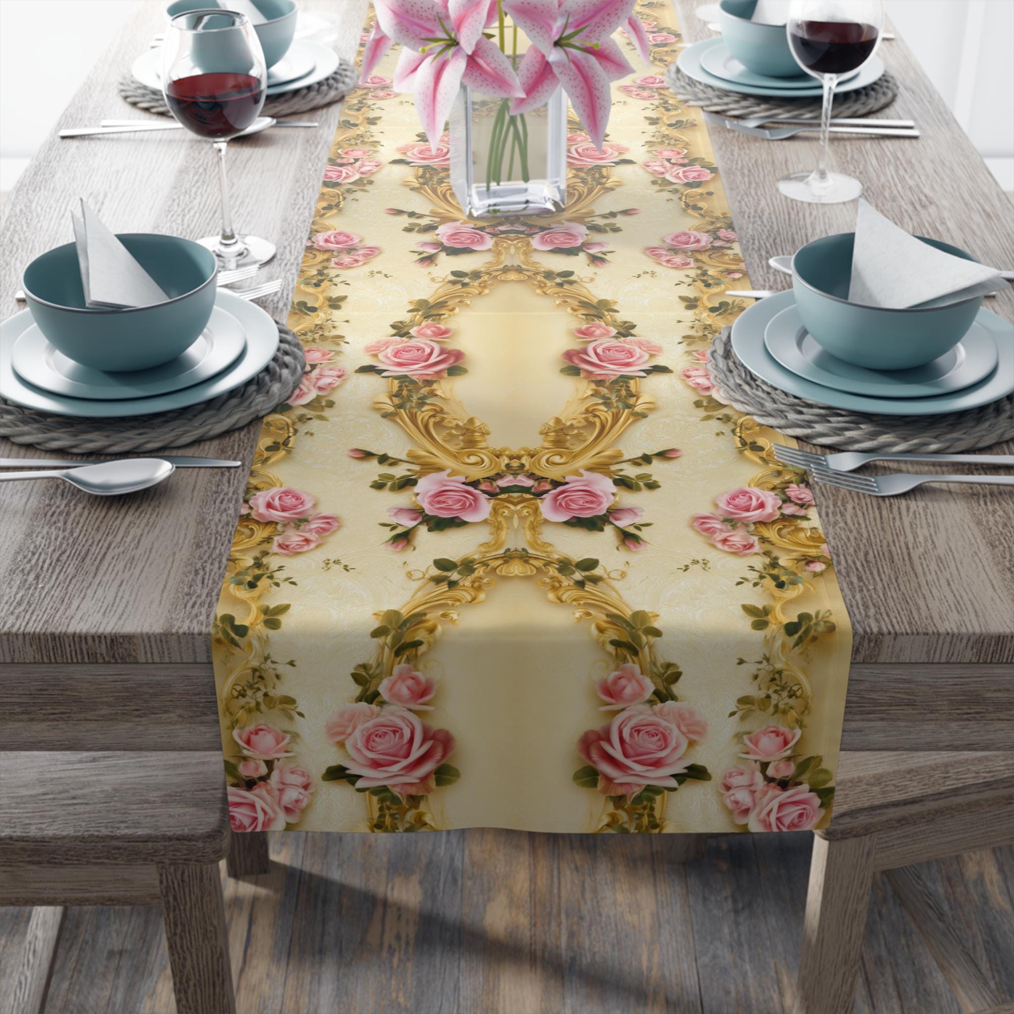 Wedding Table Runner with Pink Roses and Gold Scrollwork: Romantic Victorian Floral