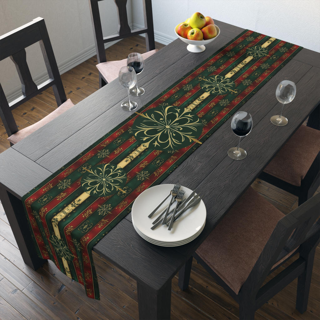 Elegant Christmas Table Runner: Green Red and Gold Snowflake Design