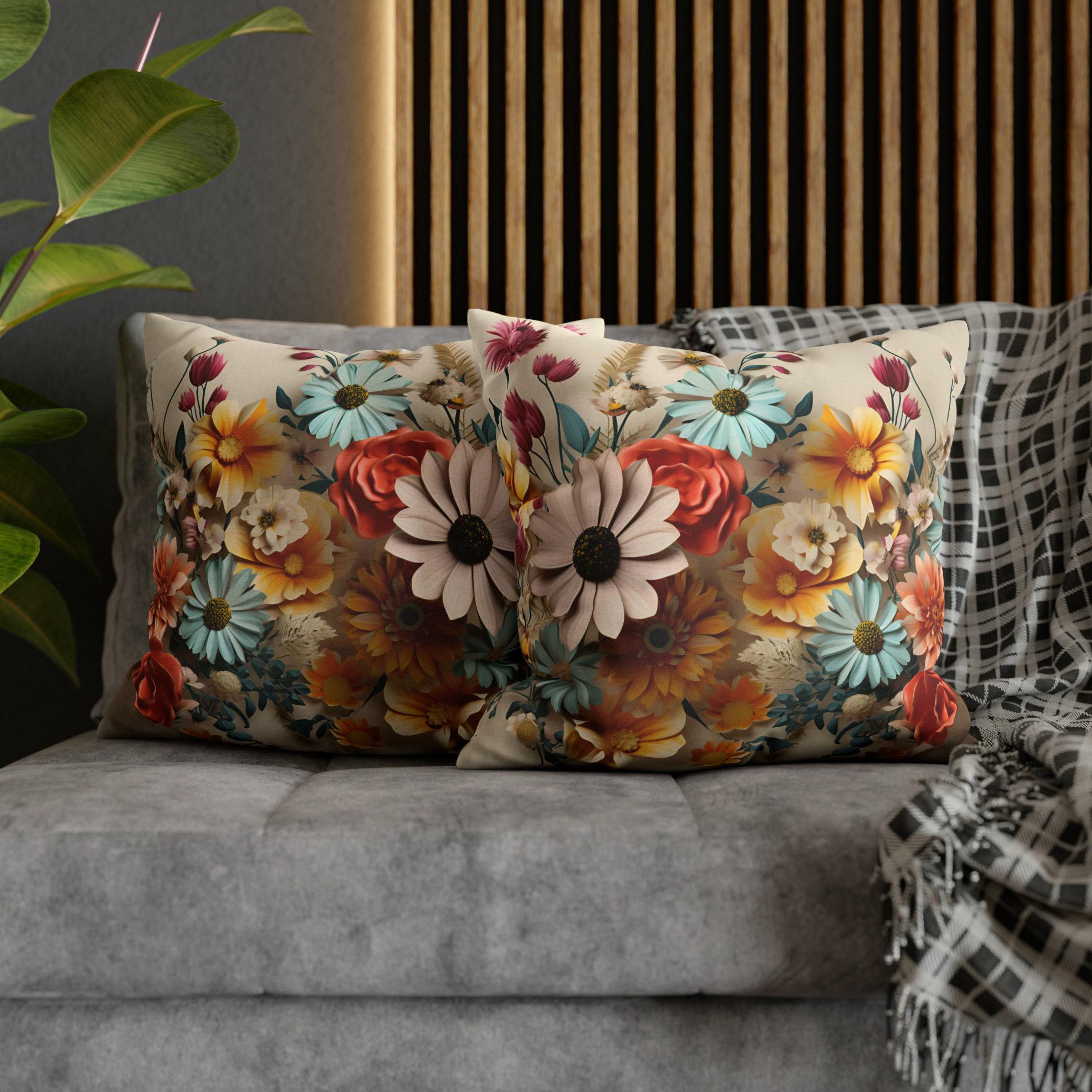 Vintage Style Floral Pillow Cover: Vibrant Flower Meadow Design