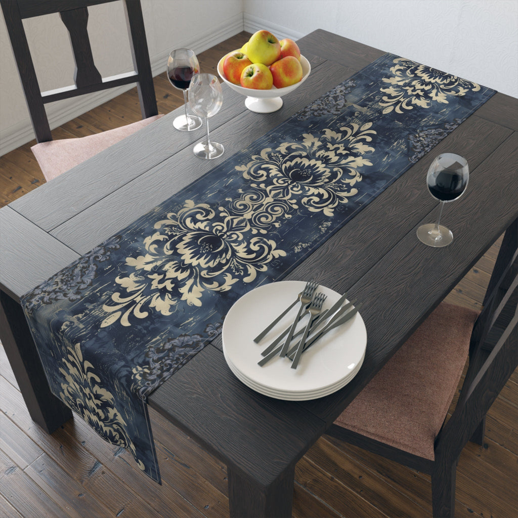 Navy Blue and Gold Damask Table Runner: Farmhouse Chic Decor