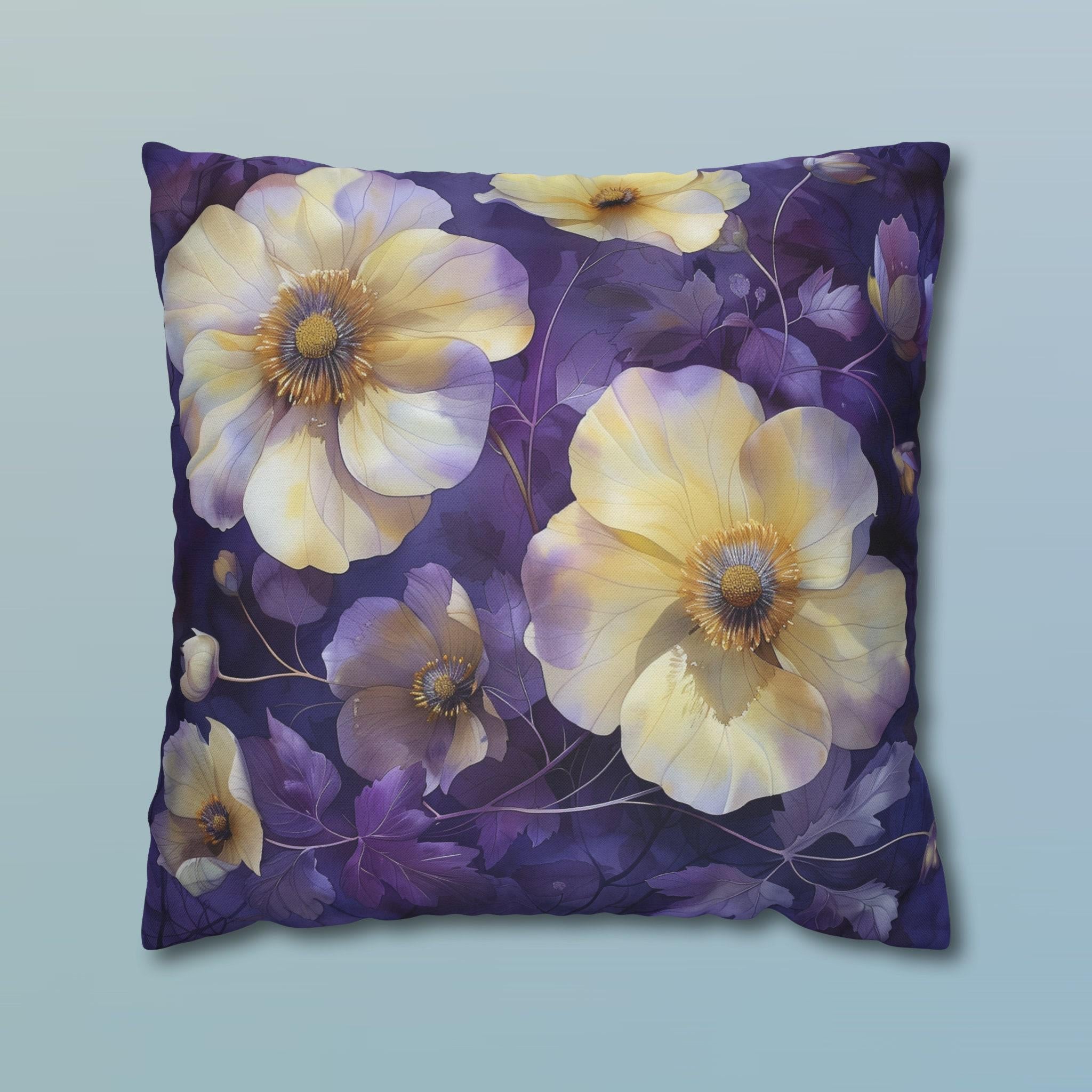 Floral Pillow Cover, Cream Yellow Pansies, Purple Botanical Print