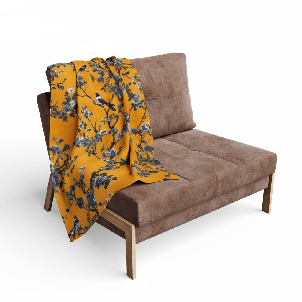 Elegant Chinoiserie Throw Blanket: Golden Yellow with Blue Blossom Branches, Asian-Inspired Home Accent