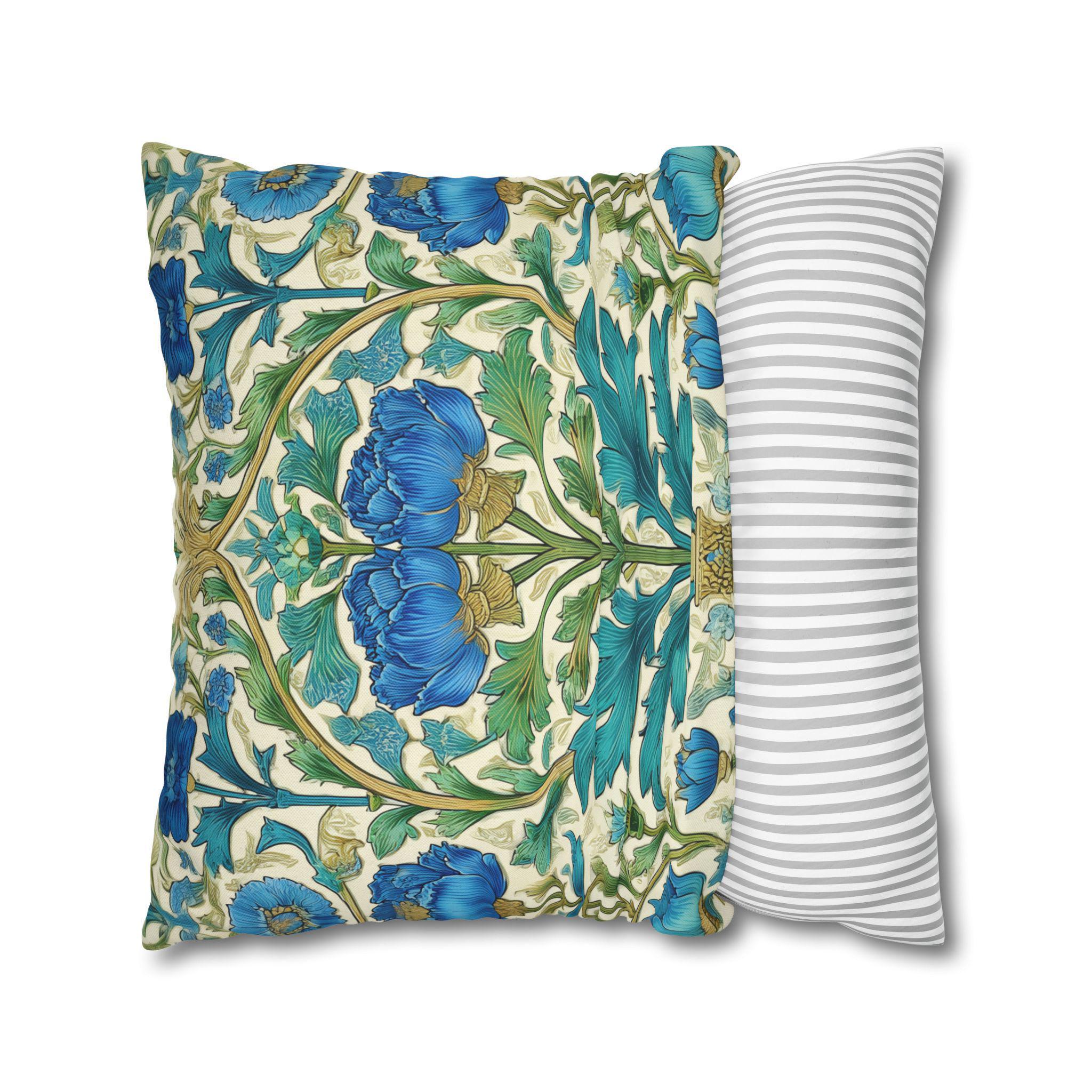 William Morris Inspired Teal Floral Pillow Cover: Art Nouveau Botanical Accent for Victorian Decor