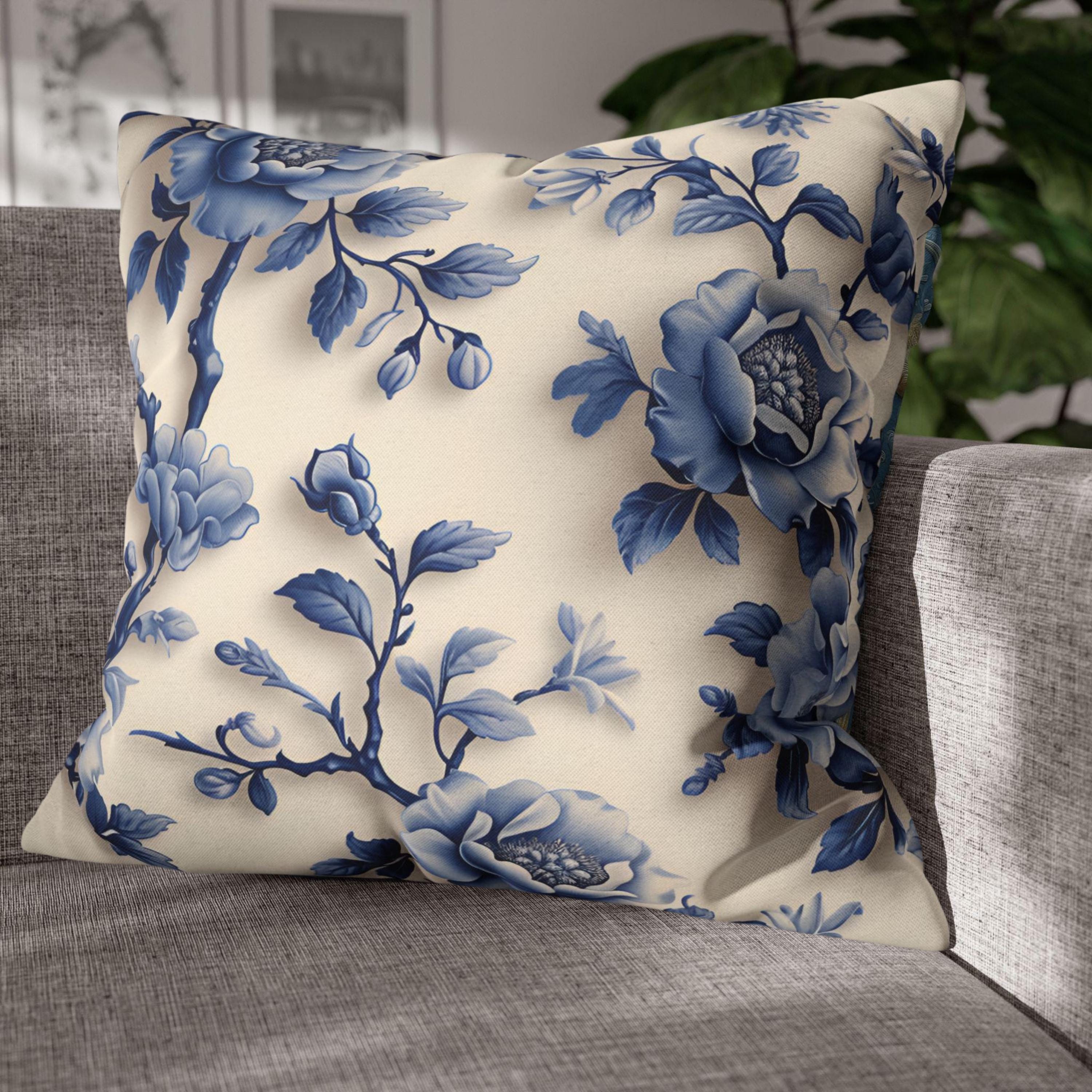 Elegant Chinoiserie Blue Floral Pillow Cover: Porcelain-Inspired Off-White