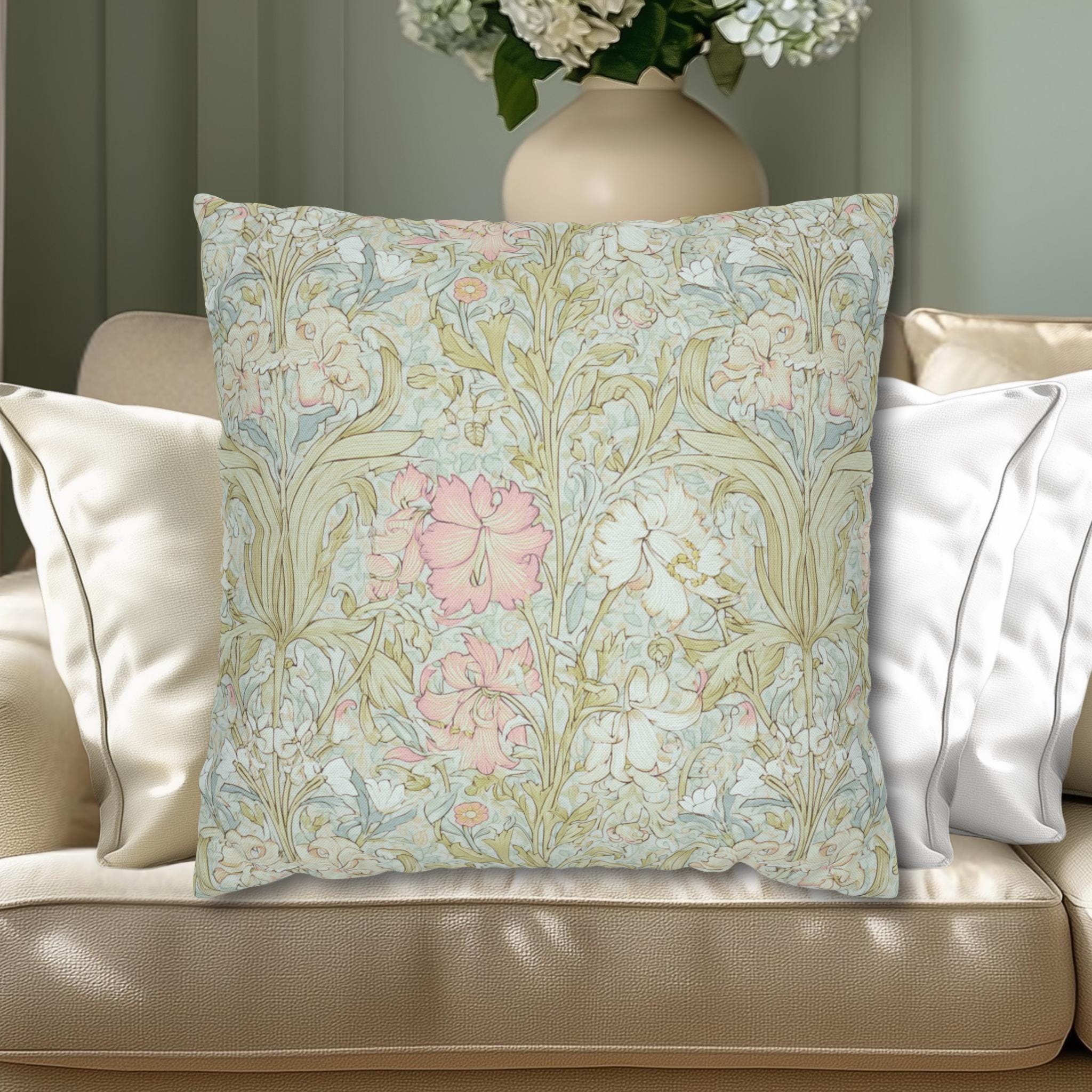 William Morris Style Pillow Cover: Soft Sage and Blush Botanical Ivory Cottage Decor