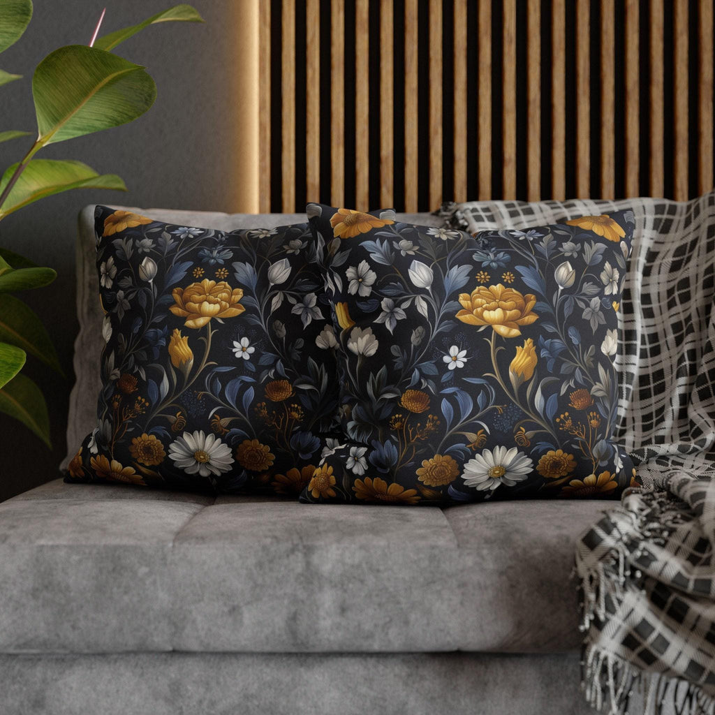Elegant William Morris Inspired Floral Pillow Cover: Dark Background with Daisies, Tulips & Chrysanthemums