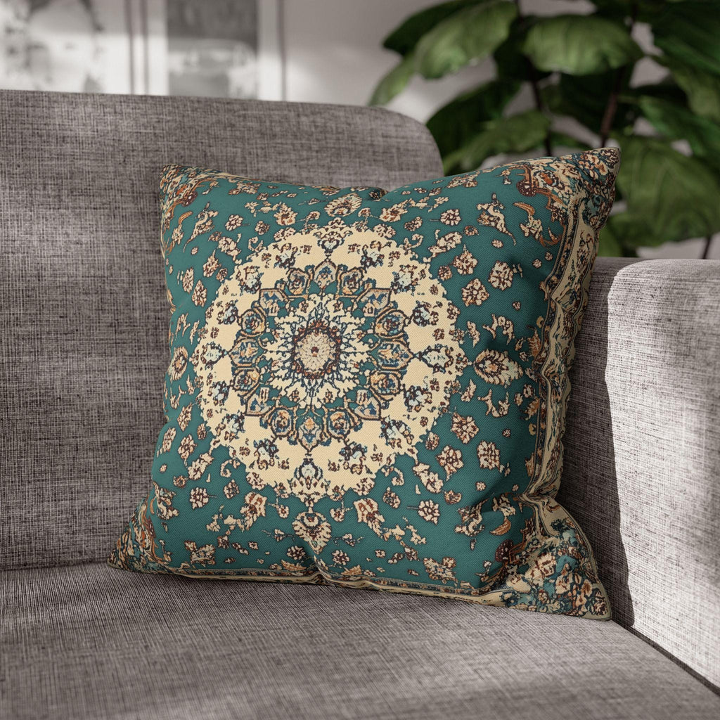 Teal and Ivory Persian-Inspired Pillow Cover: Vintage Carpet Look with Ornate Medallion Design
