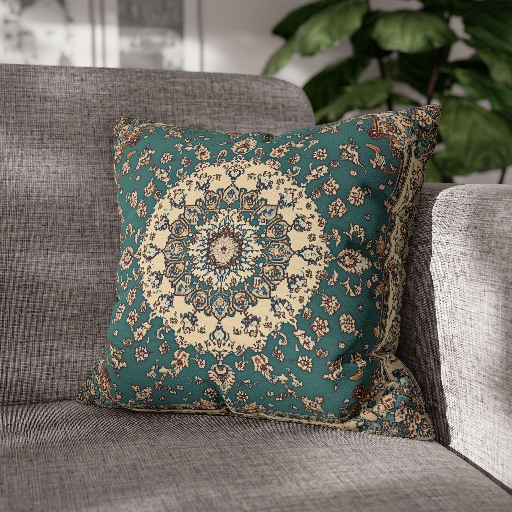 Teal and Ivory Persian-Inspired Pillow Cover: Vintage Carpet Look with Ornate Medallion Design