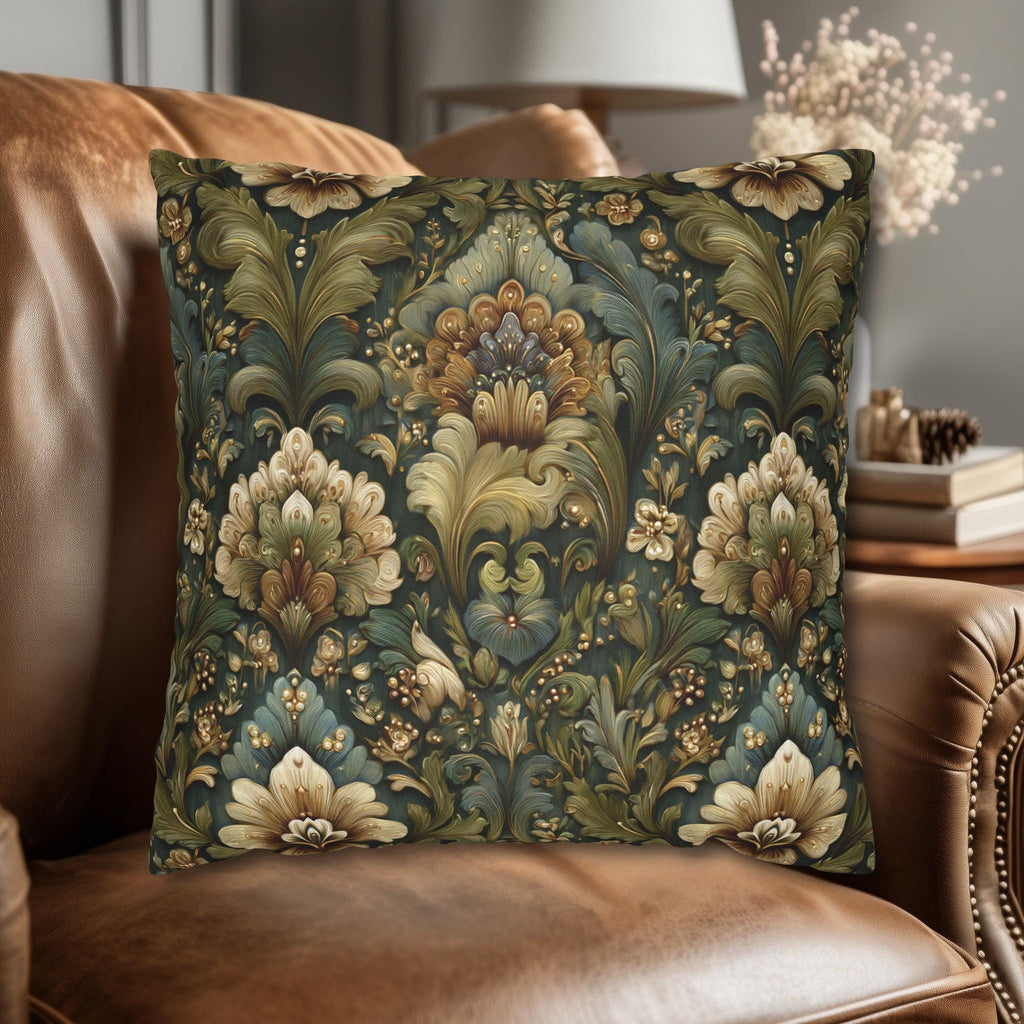 Botanical Damask Throw Pillow Cover: Moody Sage, Teal and Cream Floral