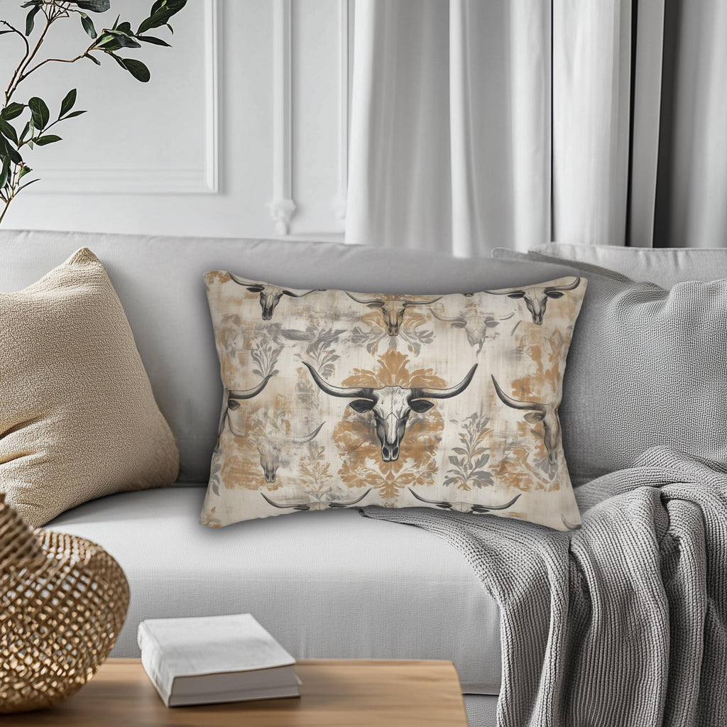 Distressed Longhorn Skull Lumbar Pillow: Western Ranch Decor Rustic Southwest Accent