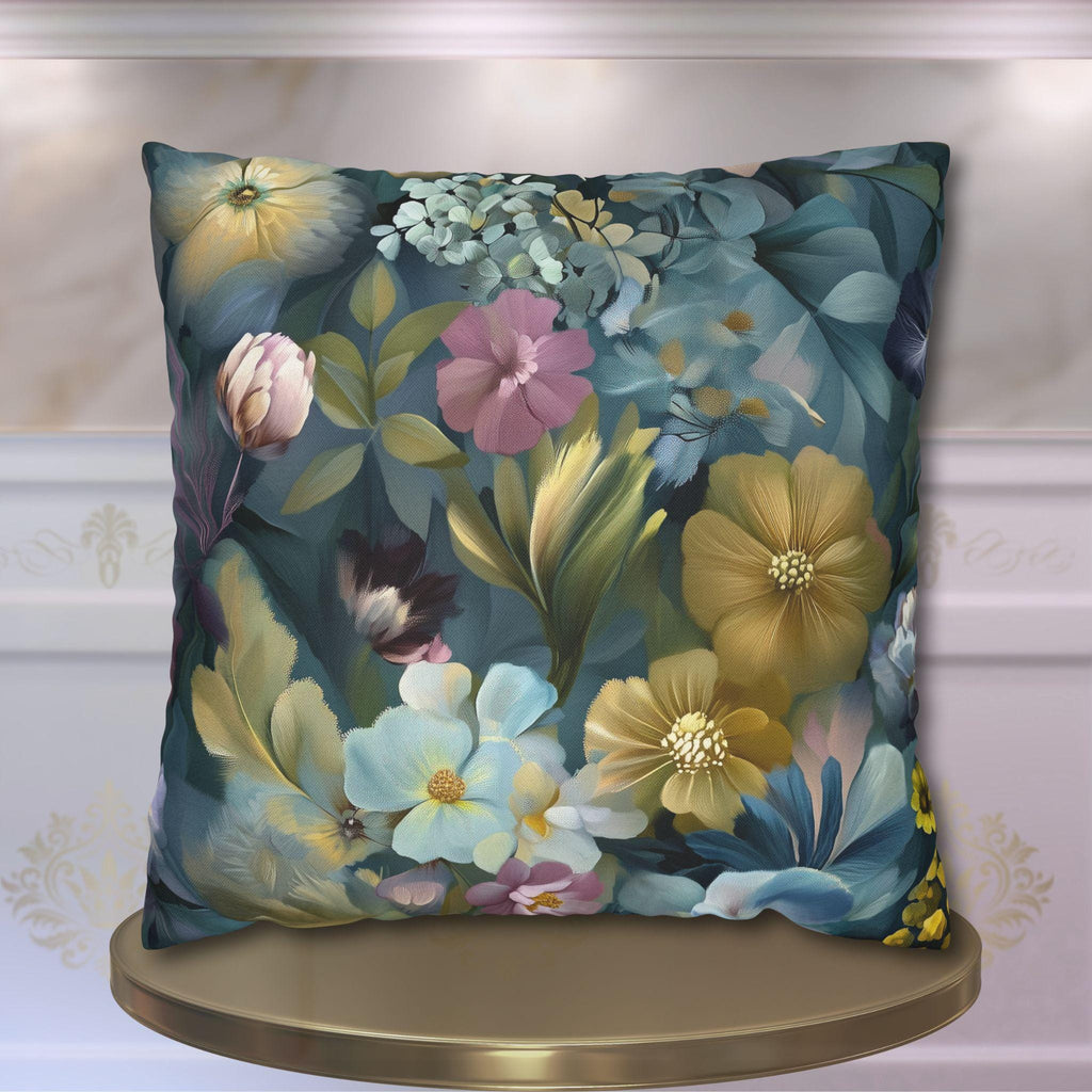 Twilight Garden Floral Pillow Cover: Painterly Moody Botanicals in Dusky Blue