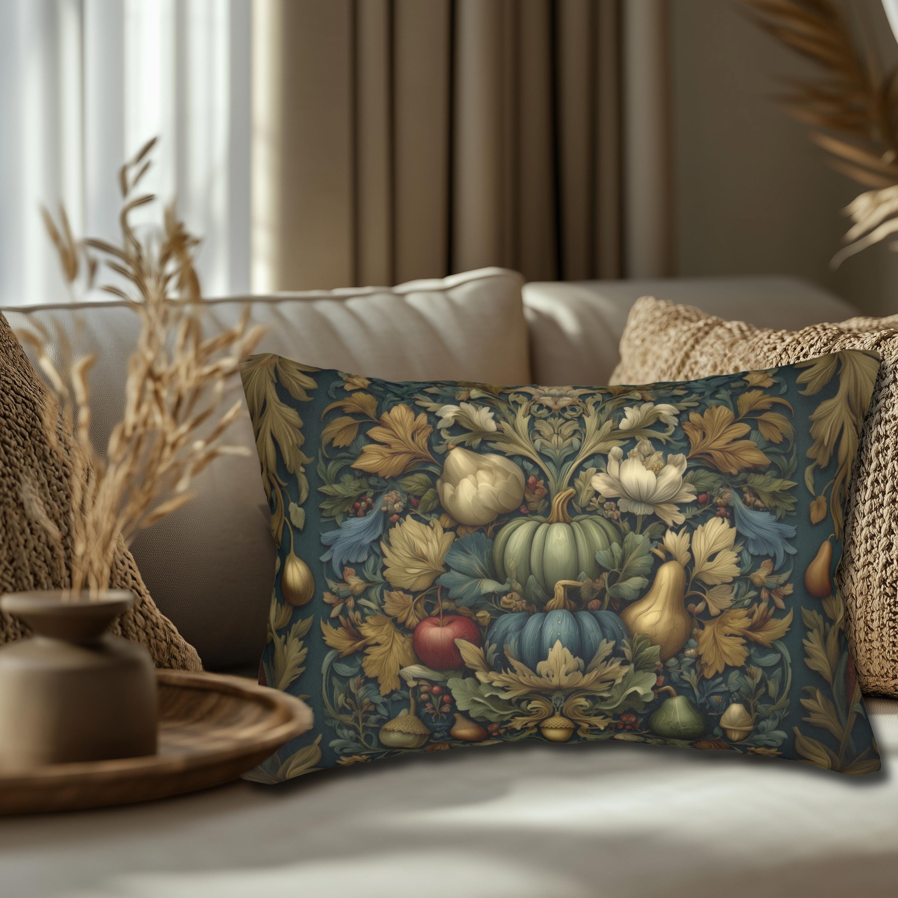 William Morris Inspired Tapestry Lumbar Pillow: Botanical Autumn Harvest for Cozy Fall Home Decor