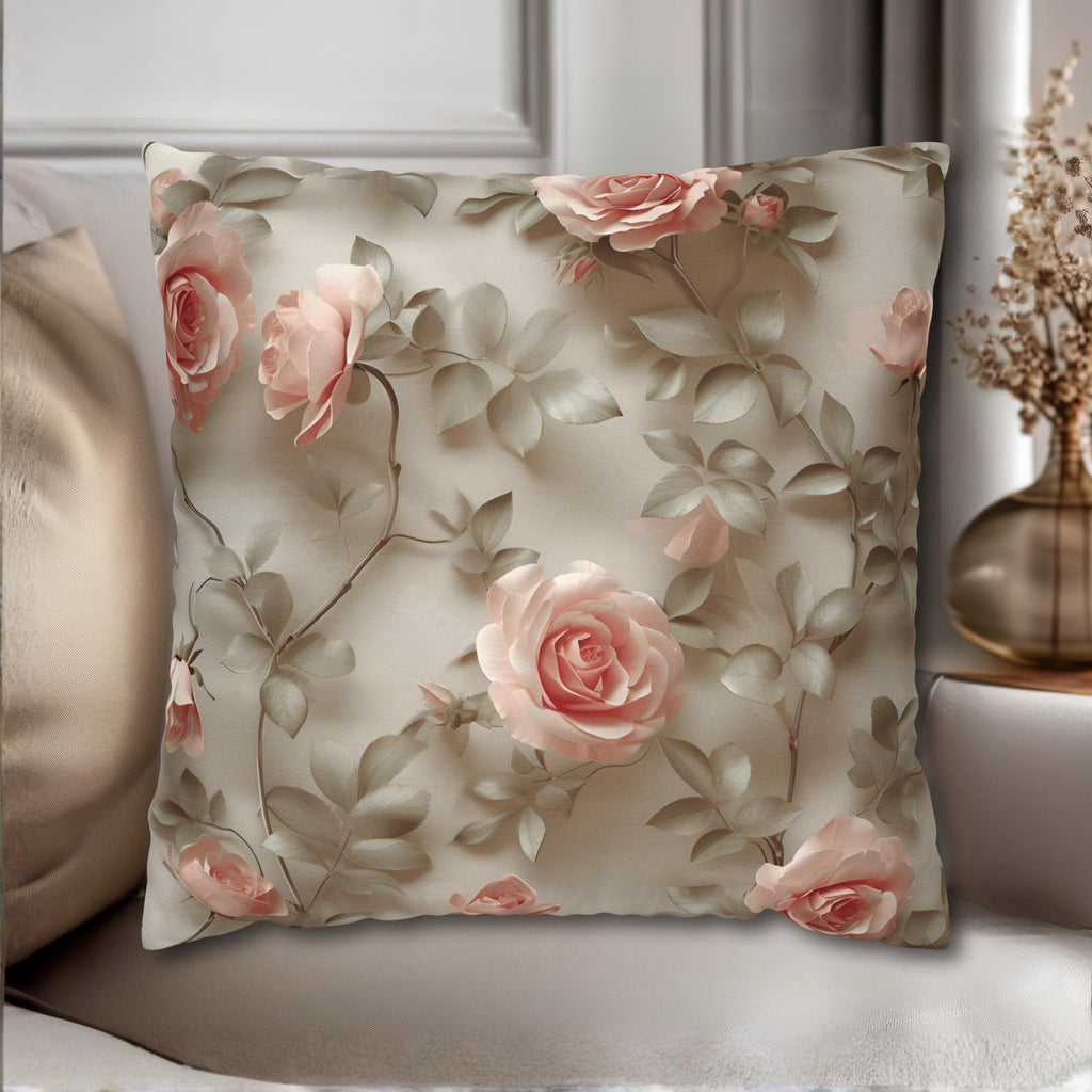 Pink Rose Throw Pillow Cover - Botanical Blush Design