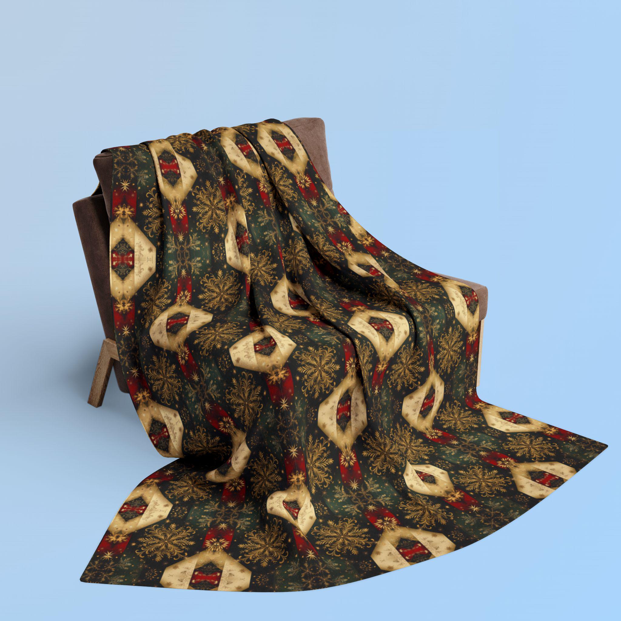 Elegant Christmas Arctic Fleece Throw Blanket - Gold Snowflakes on Green, Charcoal & Red