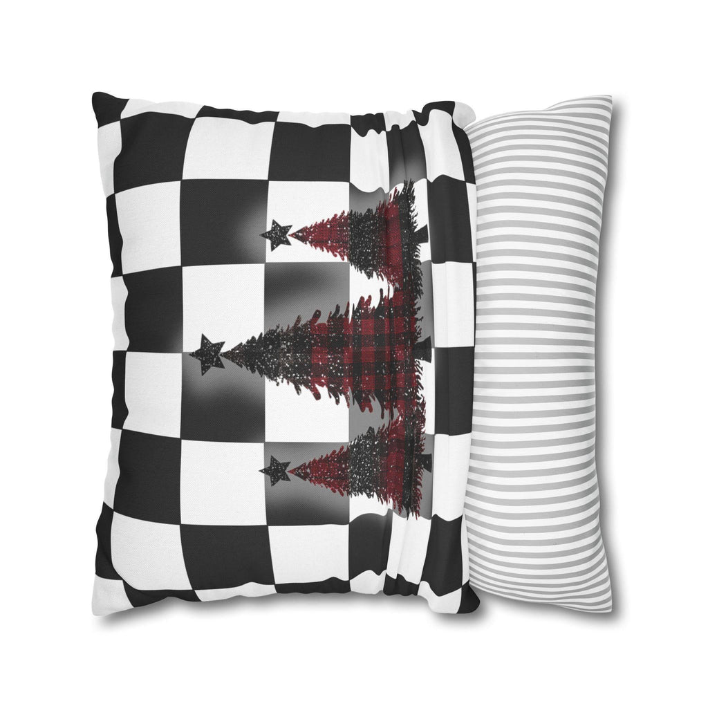 Buffalo Check Christmas Pillow Cover - Red, Black, White Plaid Trees