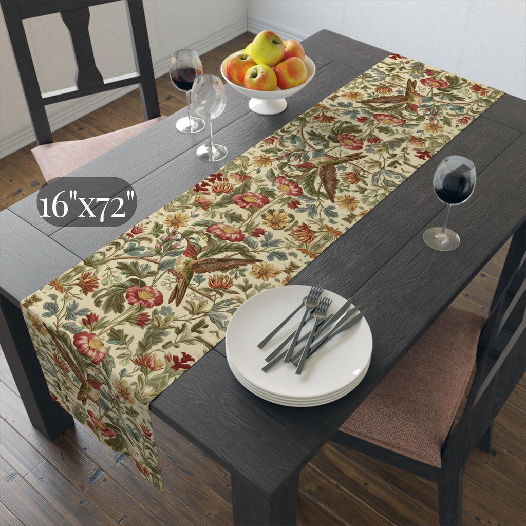William Morris Table Runner: Vintage Style Botanical Hummingbird Floral Accent