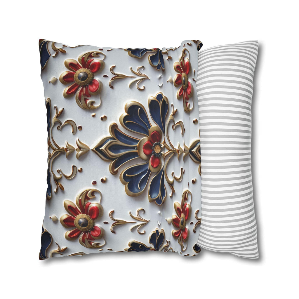 Baroque Floral Pillow Cover: Navy Blue, Gold & Red Accent