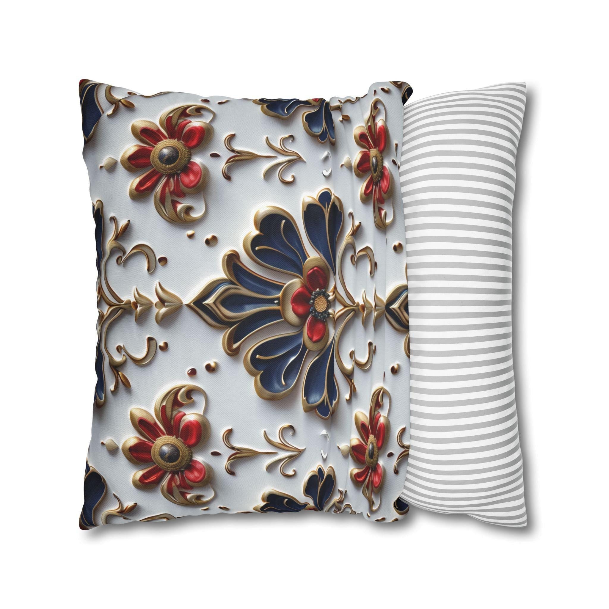Baroque Floral Pillow Cover: Navy Blue, Gold & Red Accent